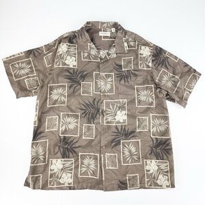 Caribbean Pure Silk Brown Floral Button Down Hawaiian Tropical Shirt Top
